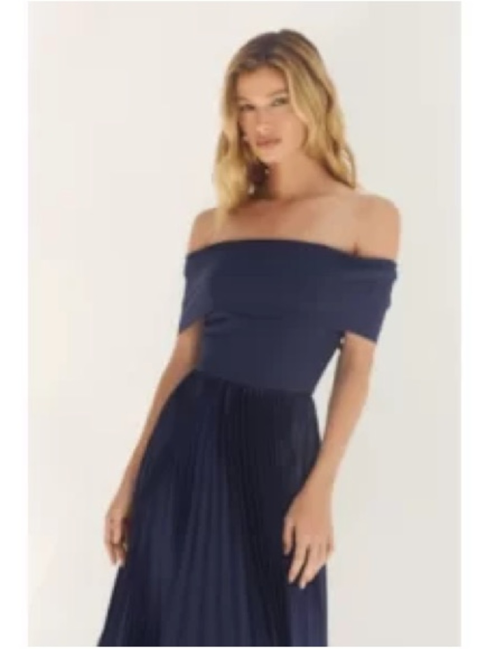 Hutch Off-Shoulder Pleated Midi Dress in Navy - Picture 3 of 6